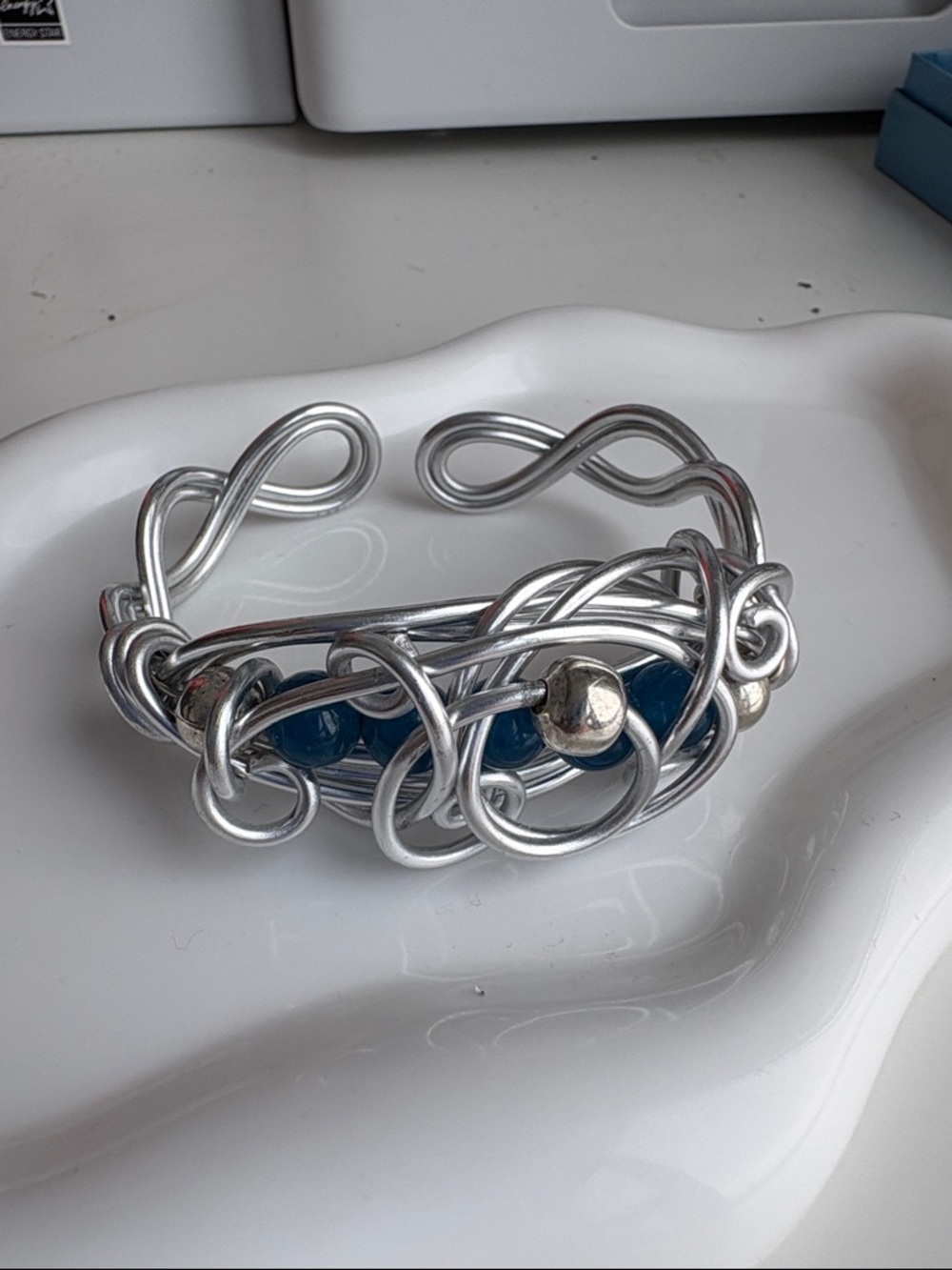 Silver Wire Sculpted Cuff Bracelet with Blue Beads